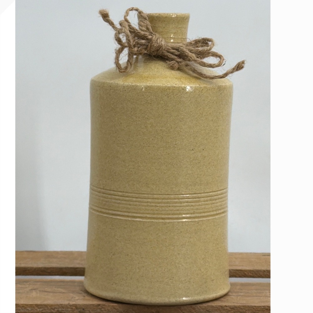Roush Pottery Tan Stoneware Bottle Vase Rustic Farmhouse Decor with Twine 7.5"